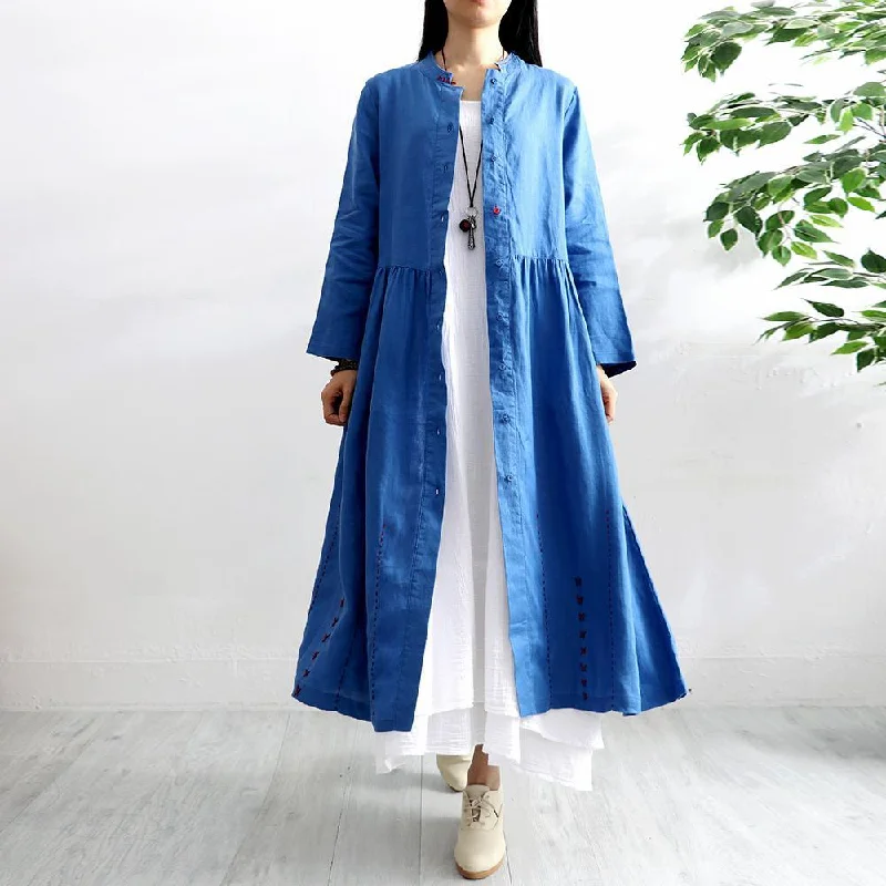 Women's pea coats with brass buttons for a nautical - inspired styleOrganic stand collar linen clothes For Women Outfits blue coats autumn Women's pea coats with brass buttons for a nautical - inspired styleOrganic stand collar linen clothes For Women Outfits blue coats autumn