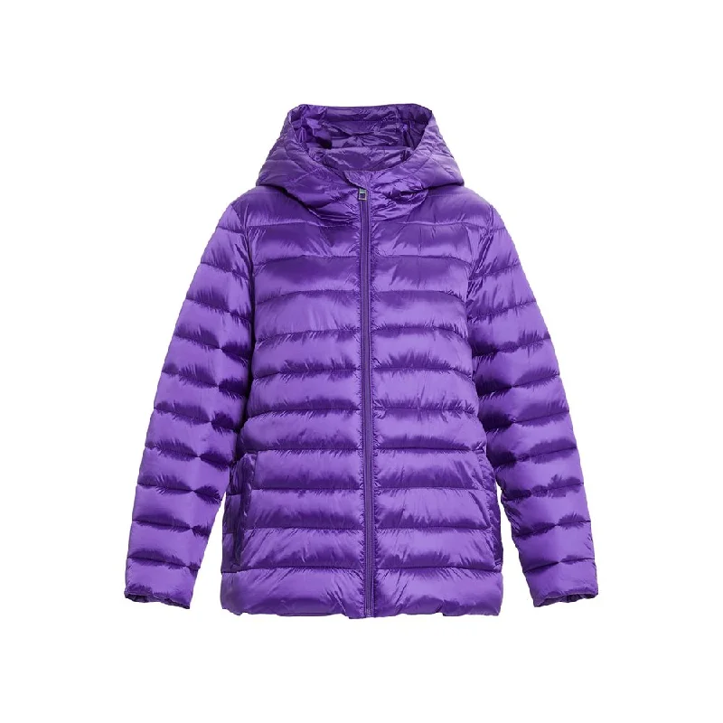 Hooded women's puffer coats in neon colors for high - visibility sportsPAGODA