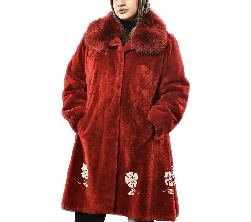 Women's knee - length wool blend coats with a fur collar for added warmthRed Sheared Beaver with White Flowers Women's knee - length wool blend coats with a fur collar for added warmthRed Sheared Beaver with White Flowers