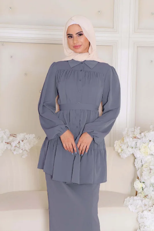 long length women cardigan with side slitsSadie Soft Smock Top- Blue Gray