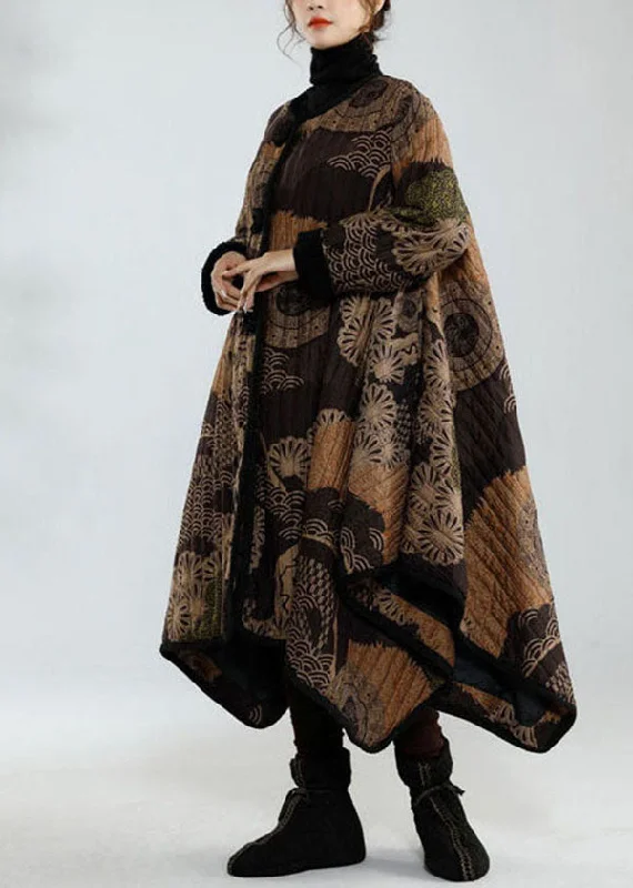 Women's reversible down coats with two - tone designs for versatile stylingStylish Black Asymmetrical Design Oversized Print Fine Cotton Filled Trench Coats Winter Women's reversible down coats with two - tone designs for versatile stylingStylish Black Asymmetrical Design Oversized Print Fine Cotton Filled Trench Coats Winter