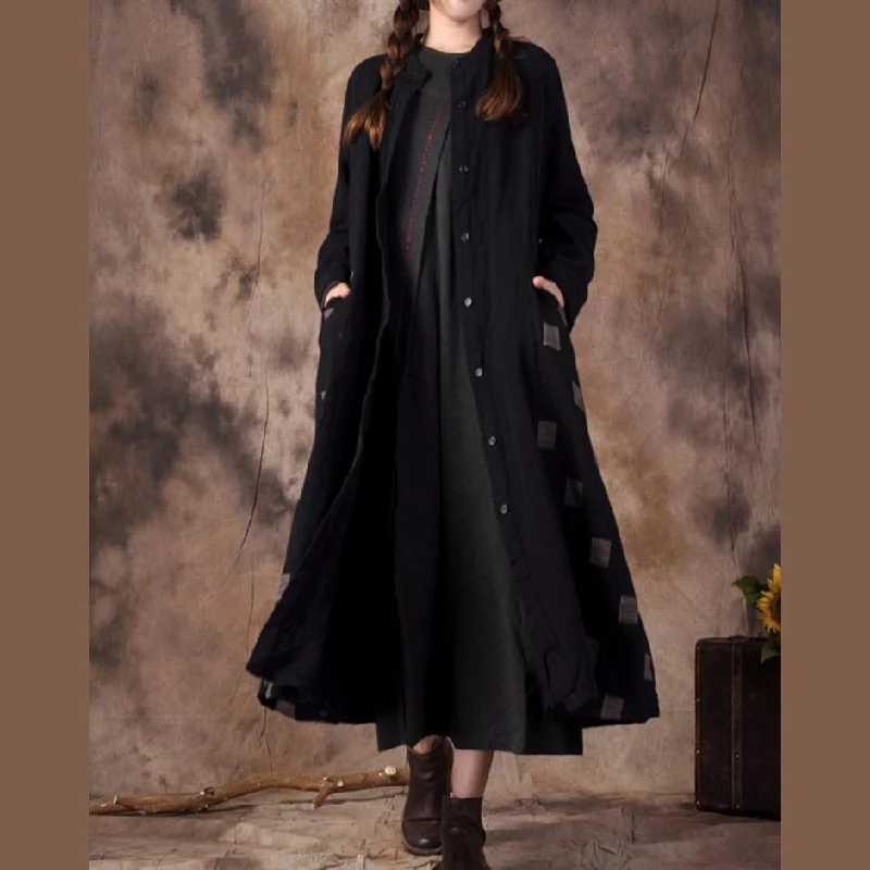 Long women's mac coats in a lightweight fabric for spring showerstop quality black cotton linen coat oversized stand collar pockets spring coat Long women's mac coats in a lightweight fabric for spring showerstop quality black cotton linen coat oversized stand collar pockets spring coat
