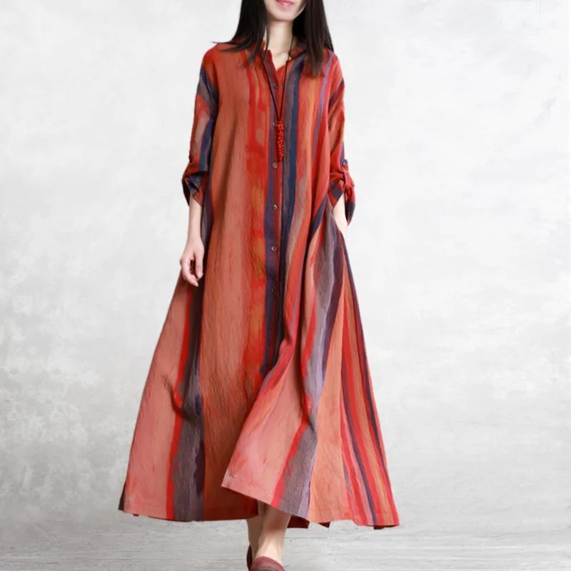 Plus size women's wool blend coats for a warm and stylish winterUnique stand collar linen clothes Fine Shape orange striped long coat Plus size women's wool blend coats for a warm and stylish winterUnique stand collar linen clothes Fine Shape orange striped long coat