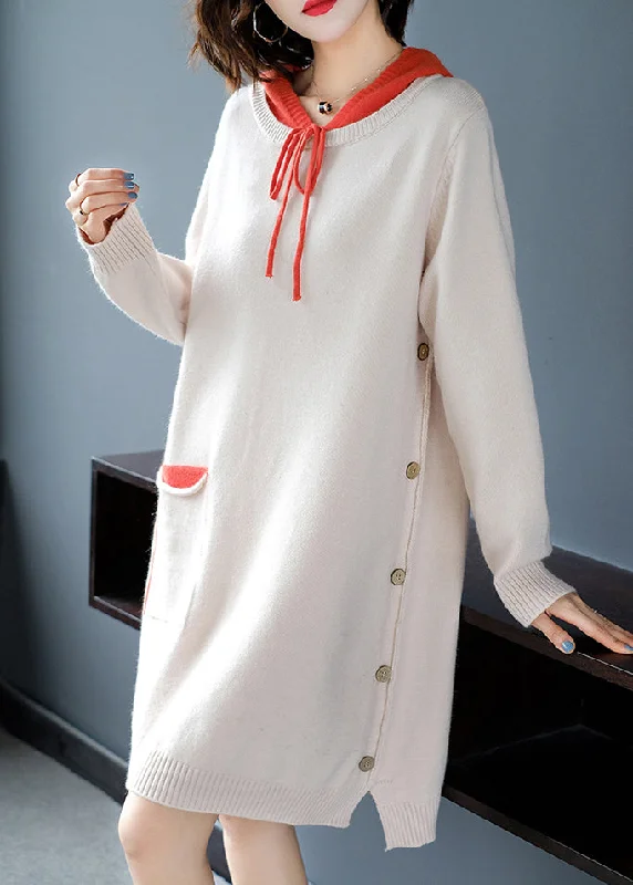 Plus Size Women's Turtleneck Sweater Dresses with Side SlitsBeige Drawstring Thick Hooded Knit Woolen Sweater Dress Fall Plus Size Women's Turtleneck Sweater Dresses with Side SlitsBeige Drawstring Thick Hooded Knit Woolen Sweater Dress Fall