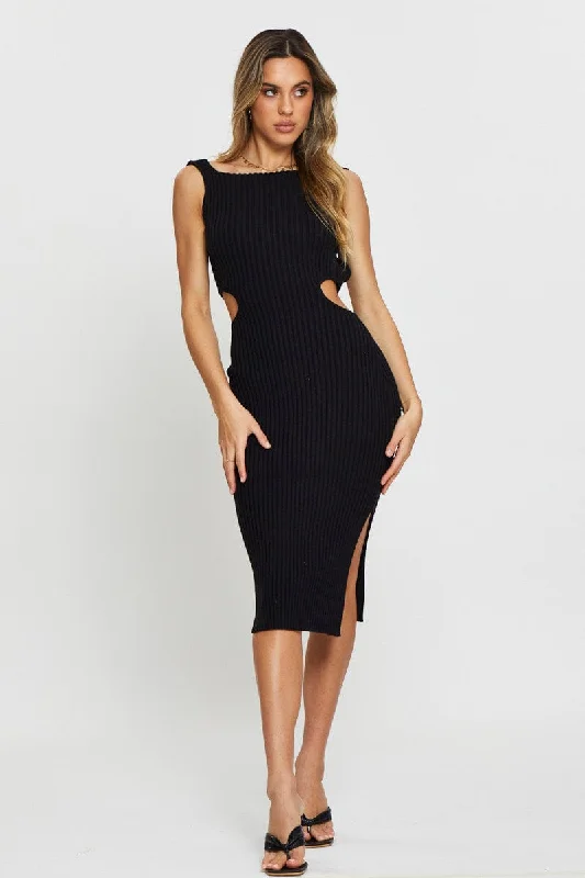 Plus Size Women's Long Sleeve Cable Knit Sweater DressesBlack Knit Dress Midi