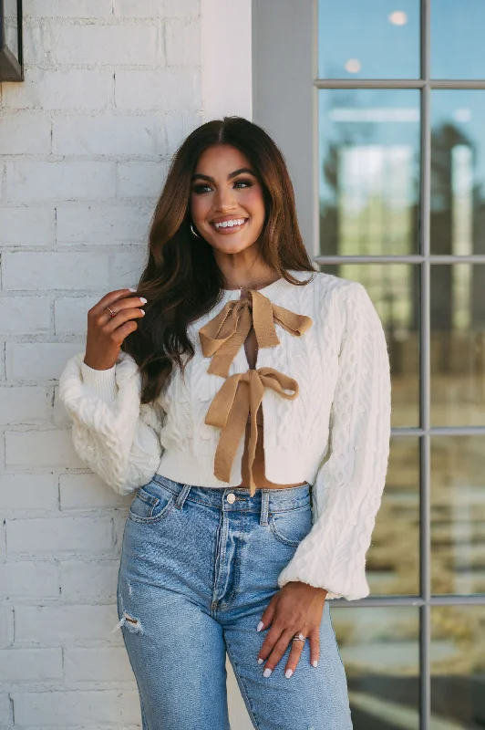 Boat Neck Women's Merino Wool Sweaters in Neutral ShadesBow Detail Sweater- Cream/Brown Boat Neck Women's Merino Wool Sweaters in Neutral ShadesBow Detail Sweater- Cream/Brown