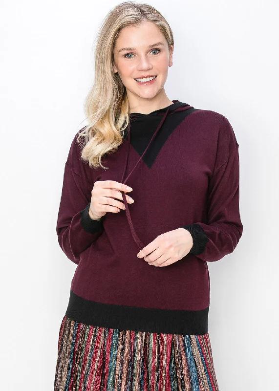 Bell - Sleeve Women's Mohair - Wool Blend SweatersBurgundy Knit Hoodie with Black Accent Bell - Sleeve Women's Mohair - Wool Blend SweatersBurgundy Knit Hoodie with Black Accent