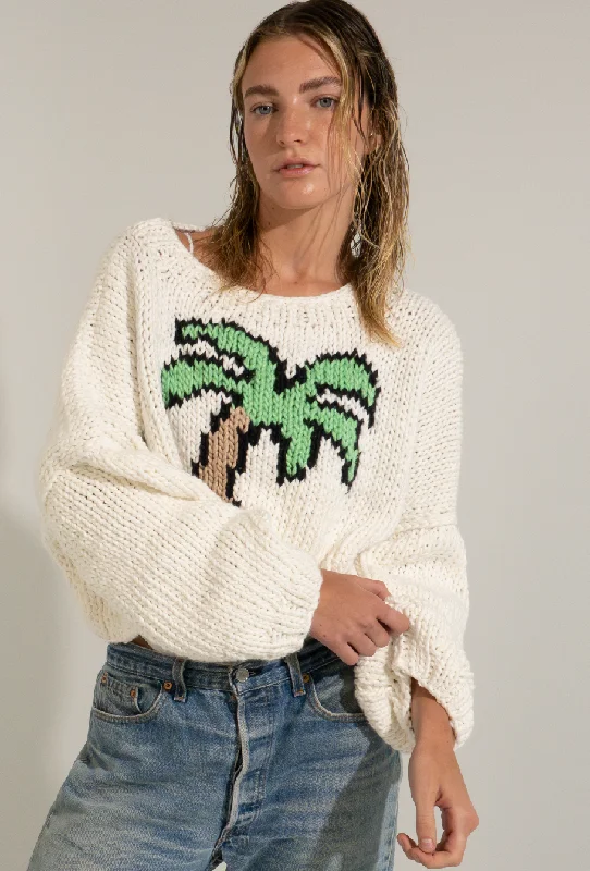 Plus Size Women's Ruffled Hem Sweaters in Floral PrintsChunky Cotton Palm Tree Pullover Plus Size Women's Ruffled Hem Sweaters in Floral PrintsChunky Cotton Palm Tree Pullover