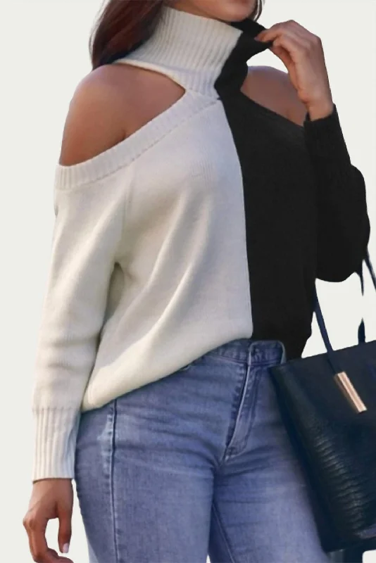 Short Sleeve Women's Cashmere Sweater Dresses in Pastel HuesCold-Shoulder Two-Tone Turtleneck Sweater In Black/white Short Sleeve Women's Cashmere Sweater Dresses in Pastel HuesCold-Shoulder Two-Tone Turtleneck Sweater In Black/white