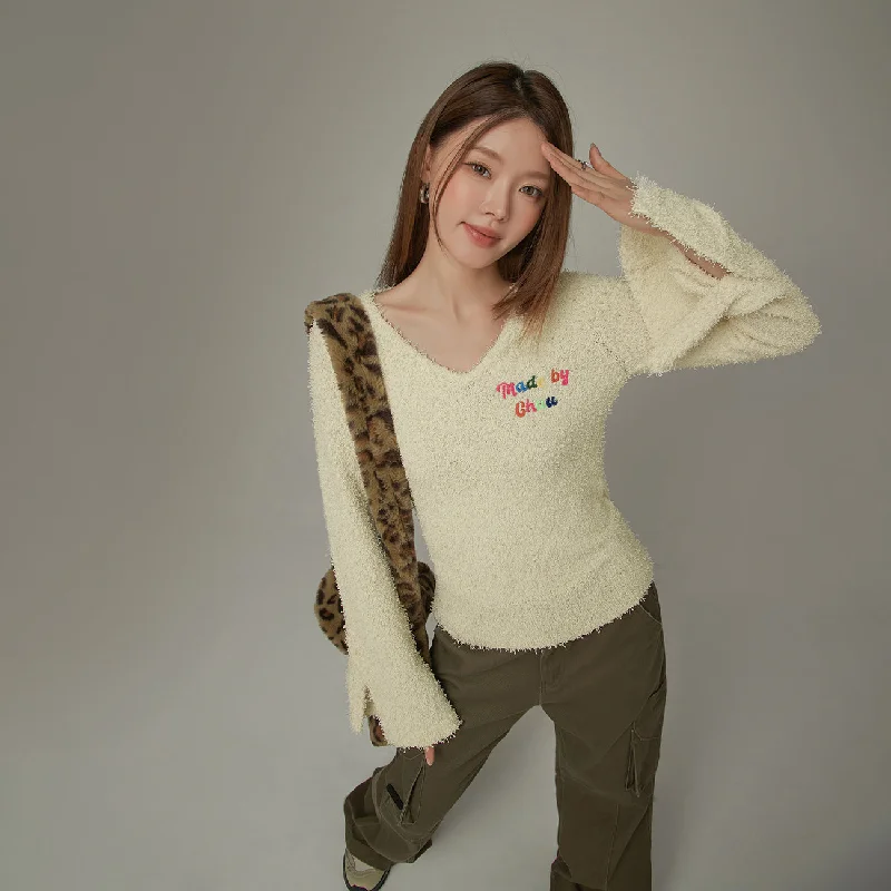 Plus Size Women's Belted Cable Knit SweatersRainbow Logo V-Neck Knit Sweater