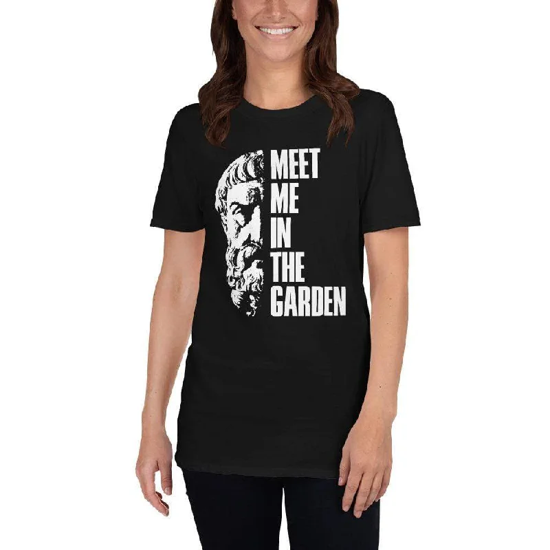 Distressed Women T Shirt with a Laid - Back AestheticEpicurus Portrait - Meet Me In The Garden - Premium T-Shirt Distressed Women T Shirt with a Laid - Back AestheticEpicurus Portrait - Meet Me In The Garden - Premium T-Shirt