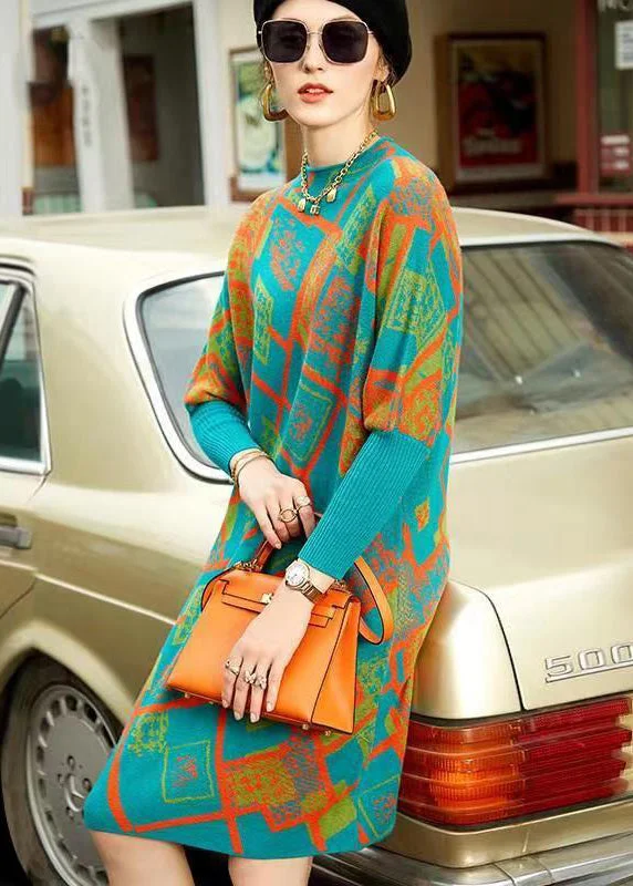 Plus Size Women's Asymmetric Hem Sweater Dresses in Modern DesignsGreen Jacquard Patchwork Loose Woolen Dresses Stand Collar Winter Plus Size Women's Asymmetric Hem Sweater Dresses in Modern DesignsGreen Jacquard Patchwork Loose Woolen Dresses Stand Collar Winter