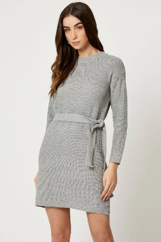 Plus Size Women's Tunic - Style Sweater Dresses with PocketsGrey Knit Dress Mini