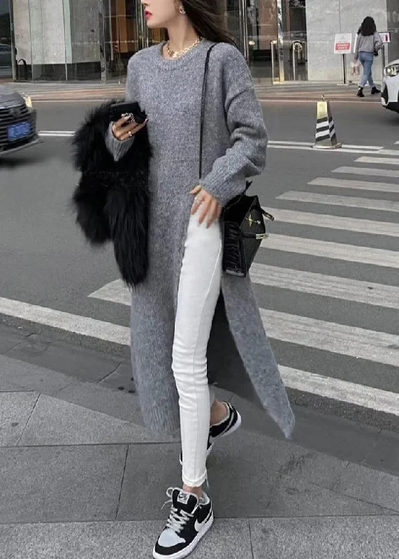 Plus Size Women's Fit - and - Flare Sweater Dresses with Ruffled HemGrey Thick Patchwork Knit Sweaters Dress O Neck Side Open Fall Plus Size Women's Fit - and - Flare Sweater Dresses with Ruffled HemGrey Thick Patchwork Knit Sweaters Dress O Neck Side Open Fall