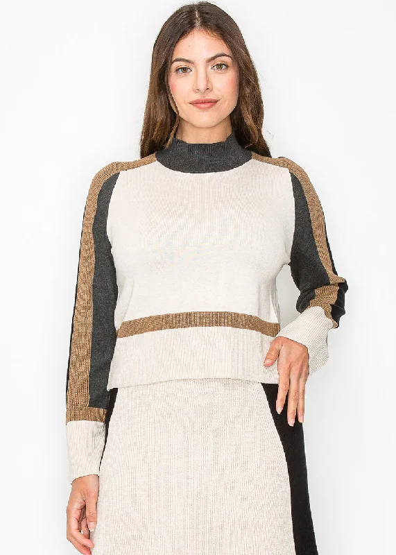 Split - Hem Women's Linen Blend Sweaters for SpringHigh Neck Cream and Brown Knit Sweater Split - Hem Women's Linen Blend Sweaters for SpringHigh Neck Cream and Brown Knit Sweater