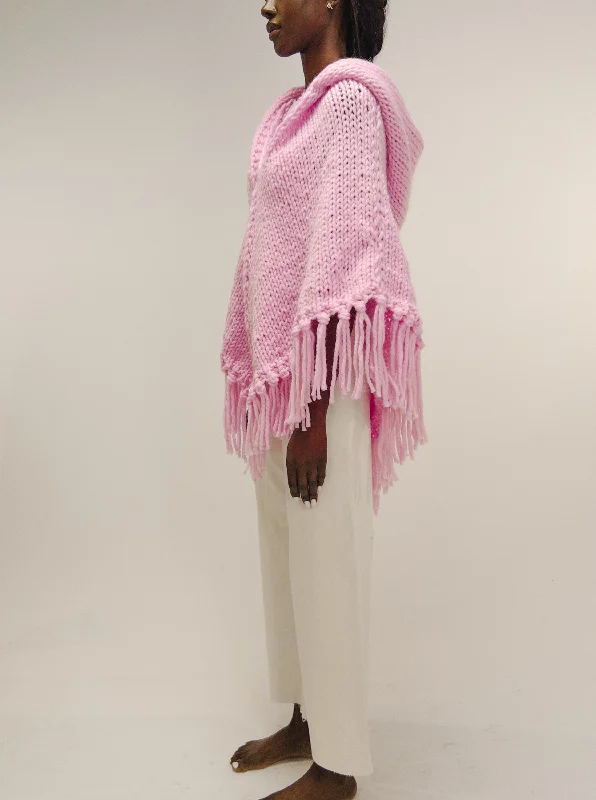Short Sleeve Women's Cotton Blend Sweaters in Pastel ColorsKnit Hooded Poncho