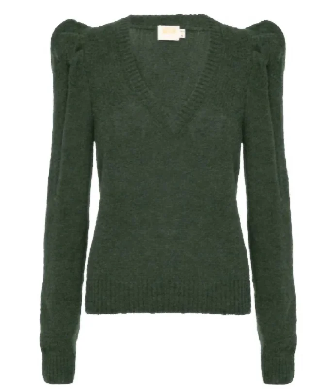 Plus Size Women's Turtleneck Sweater Dresses with Side SlitsLara Puff Shoulder Sweater In Stoned Moss Plus Size Women's Turtleneck Sweater Dresses with Side SlitsLara Puff Shoulder Sweater In Stoned Moss