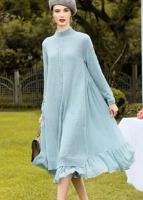 Knee - Length Women's Wool Blend Sweater Dresses in Neutral ColorsLight Blue Patchwork Woolen Dress Wrinkled Stand Collar Fall Knee - Length Women's Wool Blend Sweater Dresses in Neutral ColorsLight Blue Patchwork Woolen Dress Wrinkled Stand Collar Fall