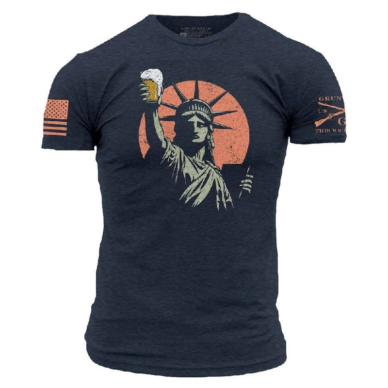Distressed Women T Shirt with a Laid - Back AestheticToast To Freedom T-Shirt - Midnight Navy Distressed Women T Shirt with a Laid - Back AestheticToast To Freedom T-Shirt - Midnight Navy