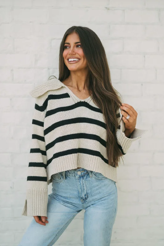 Plus Size Women's Embroidered Sweaters in Ethnic StylesLayla Striped Sweater- Khaki/Black Plus Size Women's Embroidered Sweaters in Ethnic StylesLayla Striped Sweater- Khaki/Black