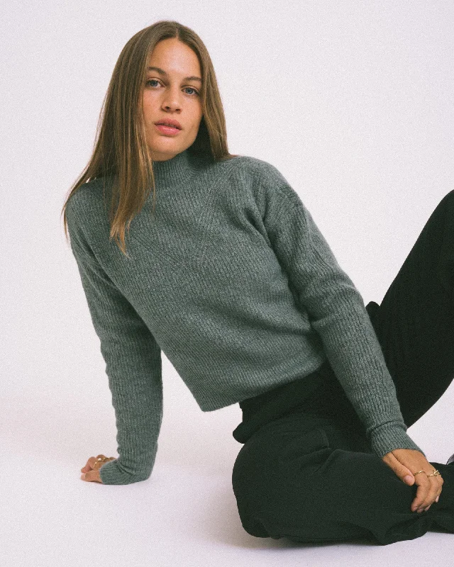 Split - Hem Women's Linen Blend Sweaters for SpringNella High Neck Crop Knit Kombu Green Split - Hem Women's Linen Blend Sweaters for SpringNella High Neck Crop Knit Kombu Green