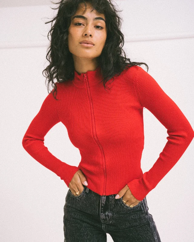 V - Neck Women's Ribbed Wool Sweaters for FallPiper High Neck Zip Knit Racing Red