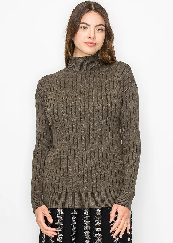 Split - Hem Women's Linen Blend Sweaters for SpringOlive High Neck Cable Sweater