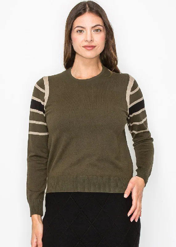 Women's Long Sleeve Turtleneck Cashmere SweatersOlive Striped Sleeve Sweater