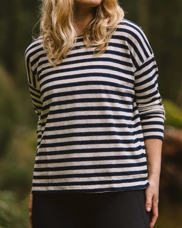 Crop Top Women T Shirt to Pair with High - Waisted BottomsPanorama Striped LS T-Shirt - Deep Navy Crop Top Women T Shirt to Pair with High - Waisted BottomsPanorama Striped LS T-Shirt - Deep Navy