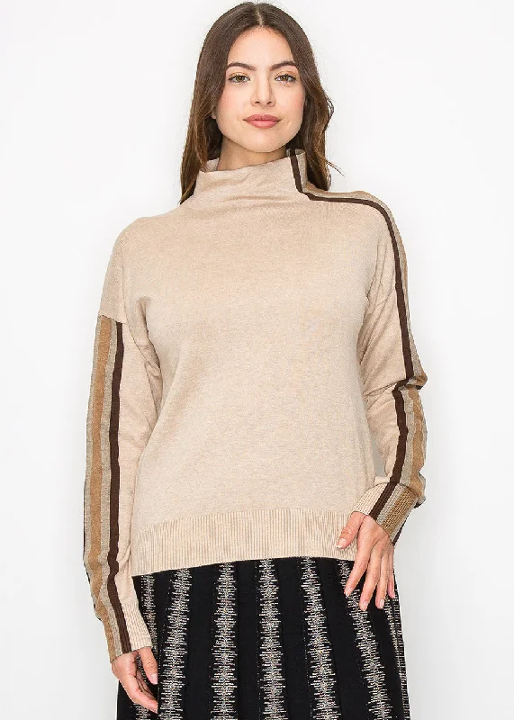 Plus Size Women's Oversized Chunky Knit SweatersStriped Sleeve Mock Neck Pullover