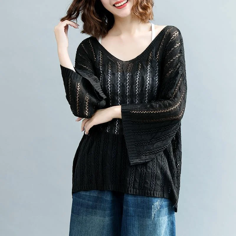 Short Sleeve Women's Cotton Blend Sweaters in Pastel Colorsstylish black knit sweaters Loose fitting v neck knitted blouses 2018 hollow out top Short Sleeve Women's Cotton Blend Sweaters in Pastel Colorsstylish black knit sweaters Loose fitting v neck knitted blouses 2018 hollow out top