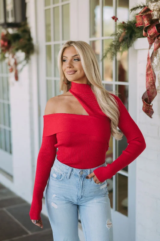 Plus Size Women's Embroidered Sweaters in Ethnic StylesRiver Asymmetrical Top- Red