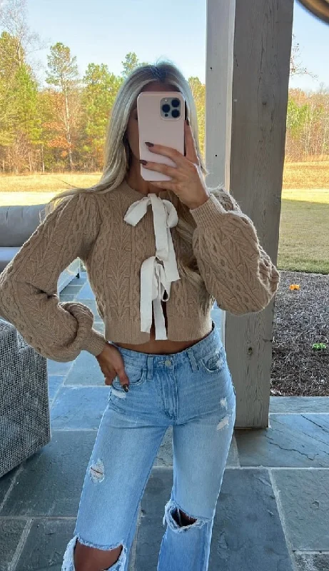 Bell - Sleeve Women's Mohair - Wool Blend SweatersBow Detail Sweater- Taupe/Ivory