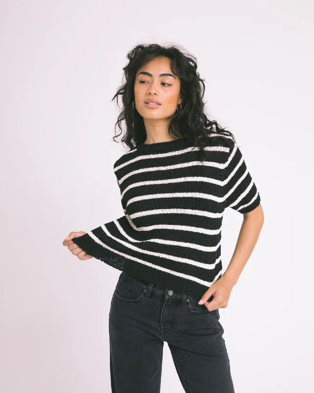 Plus Size Women's Embroidered Sweaters in Ethnic StylesTILTIL Nanda Stripe Knit Black White One Size Plus Size Women's Embroidered Sweaters in Ethnic StylesTILTIL Nanda Stripe Knit Black White One Size