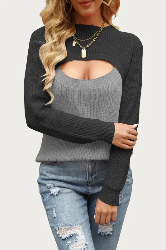 Midi - Length Women's Shetland Wool Sweater Dresses in Traditional PatternsTwo-Tone Colorblock Cutout Sweater In Dark Grey Midi - Length Women's Shetland Wool Sweater Dresses in Traditional PatternsTwo-Tone Colorblock Cutout Sweater In Dark Grey