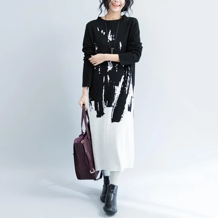 Boat Neck Women's Merino Wool Sweaters in Neutral ShadesWarm black  long sweaters Loose fitting prints winter dresses New o neck spring dresses