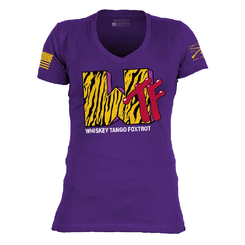 Graphic Print Women T Shirt for a Trendy StatementWomen's WTF Television V-Neck - Purple Rush Graphic Print Women T Shirt for a Trendy StatementWomen's WTF Television V-Neck - Purple Rush