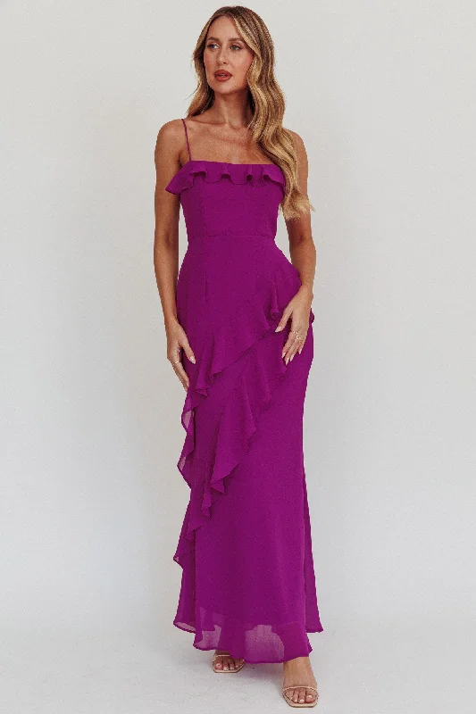 Lace - Embellished Women Dress for an Elegant and Sophisticated AppearanceActual Sunshine Ruffle Trim Maxi Dress Plum Lace - Embellished Women Dress for an Elegant and Sophisticated AppearanceActual Sunshine Ruffle Trim Maxi Dress Plum