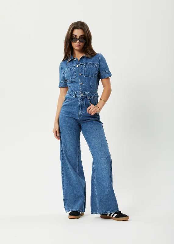 Women jumpsuits with bow - tie details for a sweet and charming appearanceAFENDS Womens Miami - Denim Flared Jumpsuit - Authentic Blue