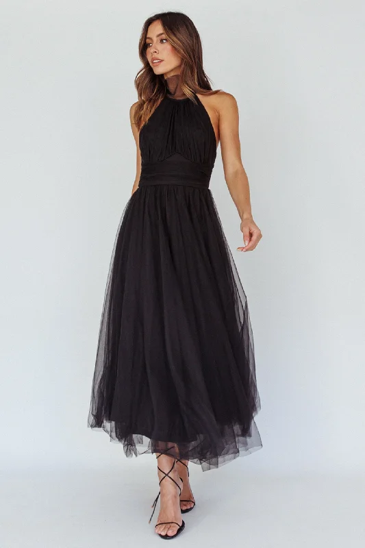 Off - the - Shoulder Women Dress for a Romantic and Feminine LookAndria Halterneck Tulle Midi Dress Black Off - the - Shoulder Women Dress for a Romantic and Feminine LookAndria Halterneck Tulle Midi Dress Black