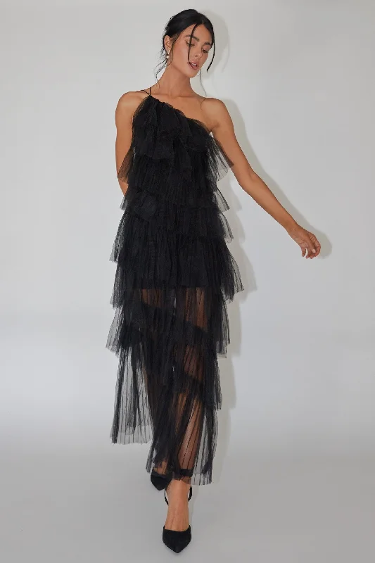 Ruffled Women Dress with Multiple Layers for a Playful and Girly StyleArrabel Tiered Ruffle Tulle Maxi Dress Black Ruffled Women Dress with Multiple Layers for a Playful and Girly StyleArrabel Tiered Ruffle Tulle Maxi Dress Black