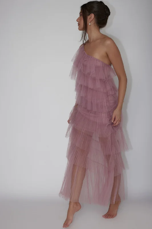 Off - the - Shoulder Women Dress for a Romantic and Feminine LookArrabel Tiered Ruffle Tulle Maxi Dress Plum Off - the - Shoulder Women Dress for a Romantic and Feminine LookArrabel Tiered Ruffle Tulle Maxi Dress Plum