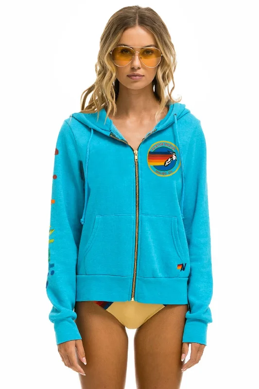 Women's cropped sweatshirt with a slogan graphic for a fun and expressive lookAVIATOR NATION MALIBU ZIP HOODIE - NEON BLUE Women's cropped sweatshirt with a slogan graphic for a fun and expressive lookAVIATOR NATION MALIBU ZIP HOODIE - NEON BLUE