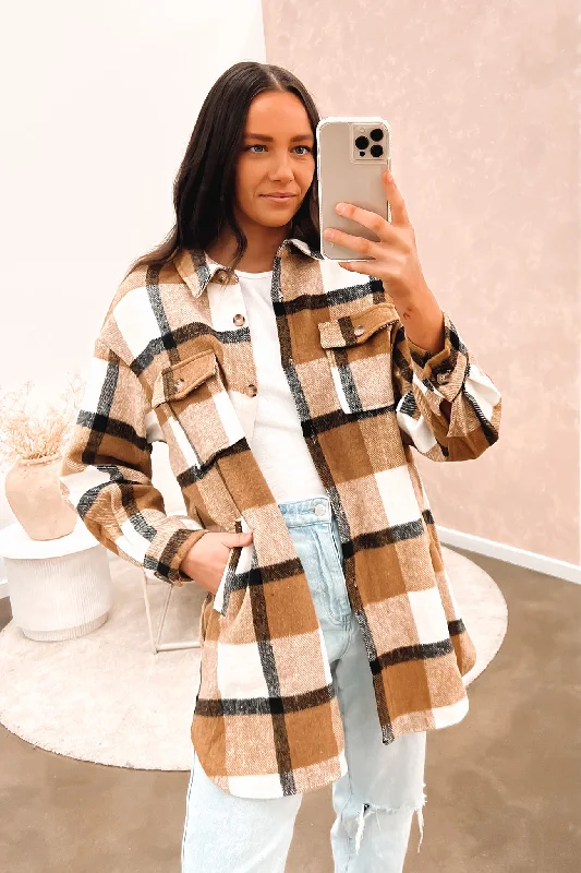Women's denim jackets with a patchwork design for a bohemian and artsy styleBee Shacket Tan Women's denim jackets with a patchwork design for a bohemian and artsy styleBee Shacket Tan