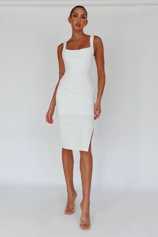 Ruffled Women Dress with Multiple Layers for a Playful and Girly StyleBella Vista Cowl Neckline Thick Strap Knee Length Dress White Ruffled Women Dress with Multiple Layers for a Playful and Girly StyleBella Vista Cowl Neckline Thick Strap Knee Length Dress White