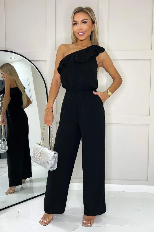 Women jumpsuits with gathered pants for a voluminous and elegant lookBlack Frill One Shoulder Jumpsuit Women jumpsuits with gathered pants for a voluminous and elegant lookBlack Frill One Shoulder Jumpsuit