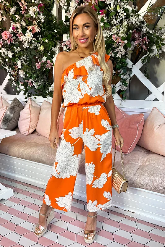 Women jumpsuits with gathered pants for a voluminous and elegant lookBlood Orange Floral Print One Shoulder Jumpsuit