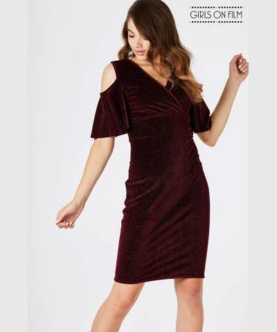 Burgundy Velvet Cold Shoulder Bodycon Dress