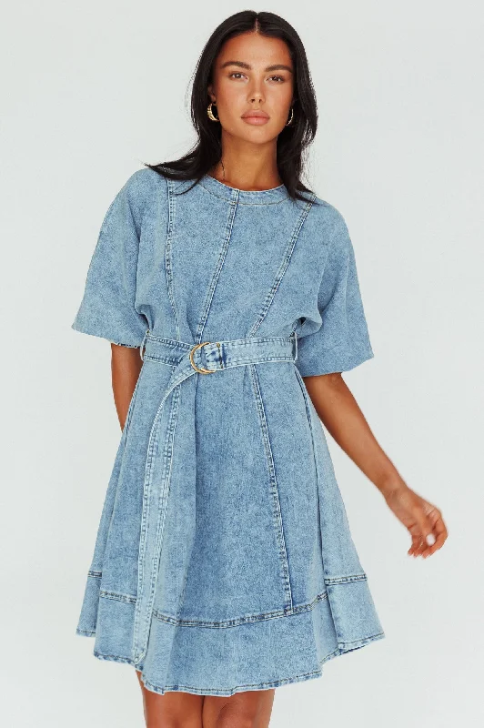 Mini Women Dress with a Short Hem for a Young and Trendy StyleCadijah Puff Sleeve Belted Mini Dress Denim Blue Mini Women Dress with a Short Hem for a Young and Trendy StyleCadijah Puff Sleeve Belted Mini Dress Denim Blue