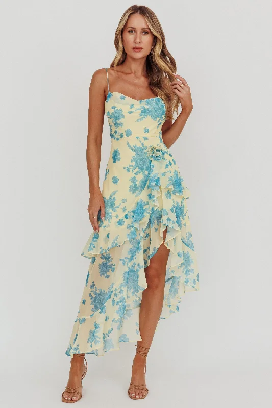 Printed Abstract Women Dress for a Modern and Artistic AppealChances Rosette Ruffle Midi Dress Floral Lemon Printed Abstract Women Dress for a Modern and Artistic AppealChances Rosette Ruffle Midi Dress Floral Lemon